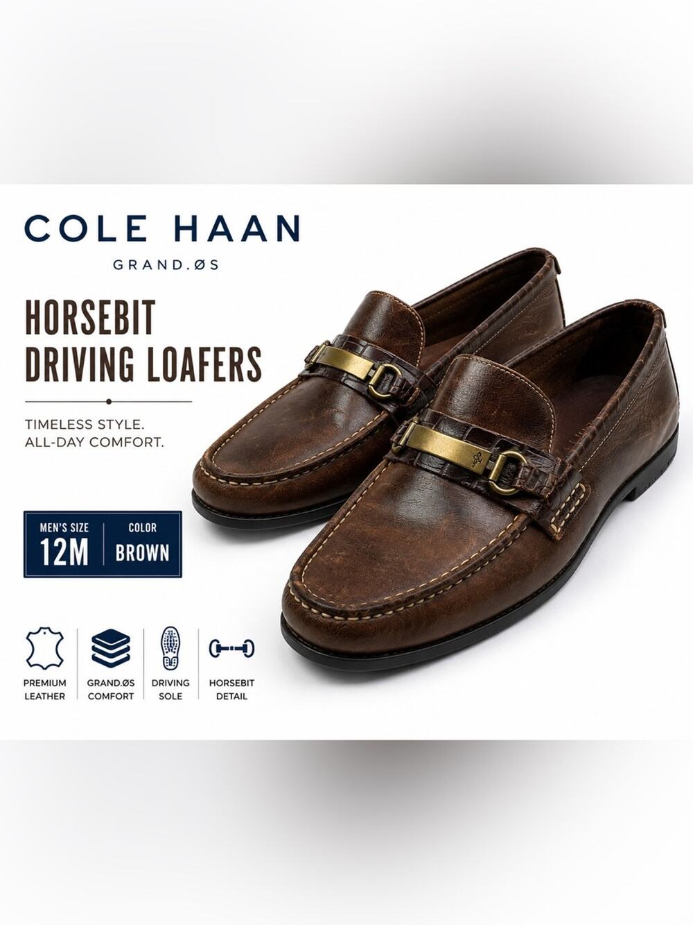 Cole Haan Men’s Brown Leather Horsebit Driving Loafers Grand.ØS Size 12M Croc